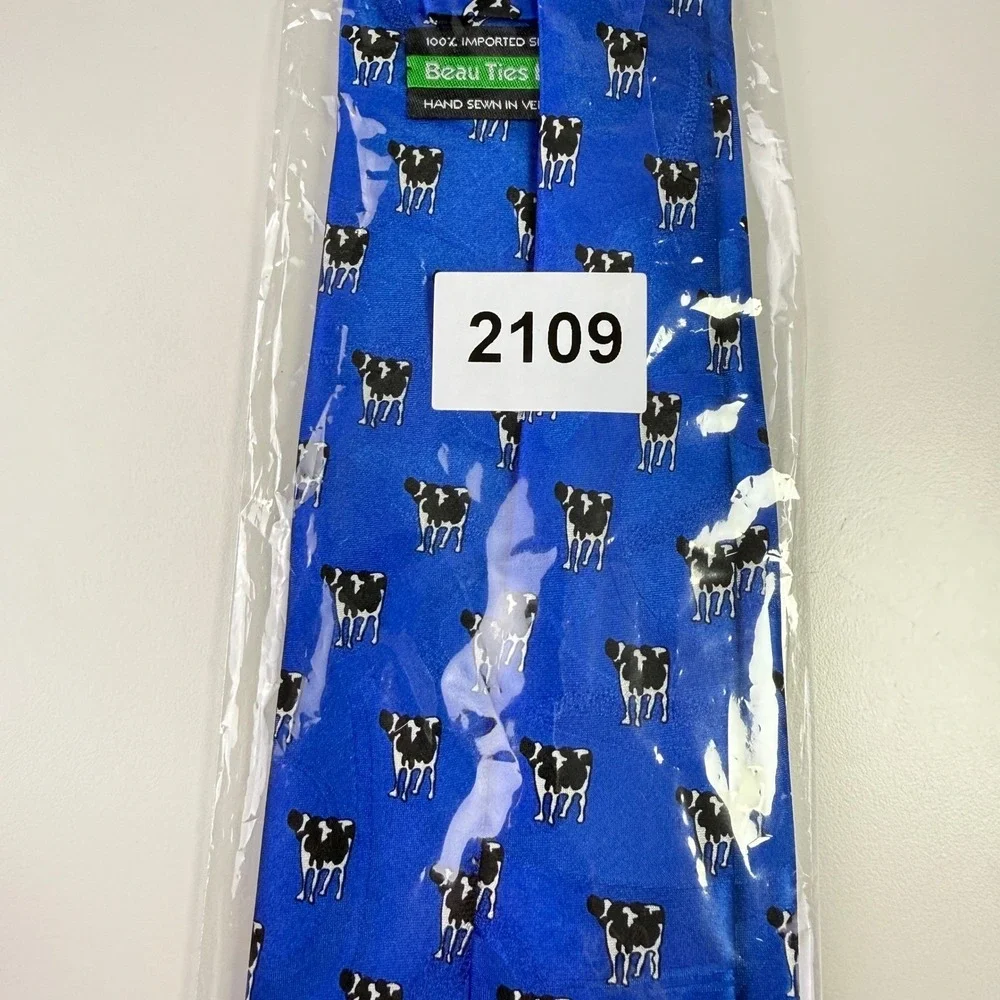 Beau Ties Ltd of Vermont Mens Blue Cow Print Silk Neck‎ Tie Hand Sewn in Vermont